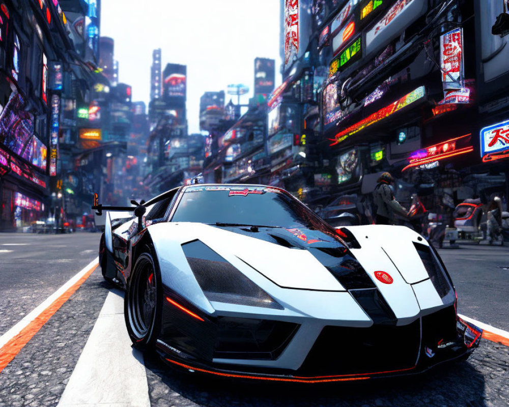 Black and white sports car on neon-lit urban street at night