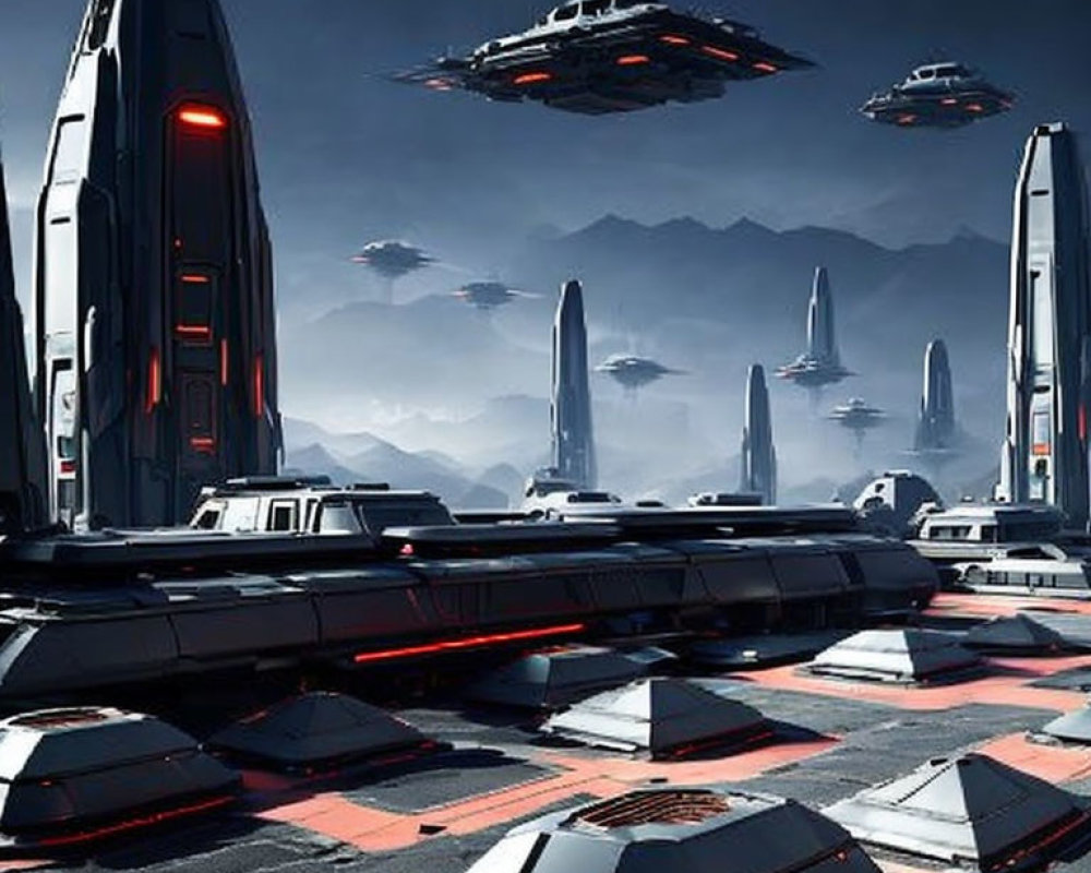 Futuristic cityscape with towering structures and flying vehicles against mountain backdrop