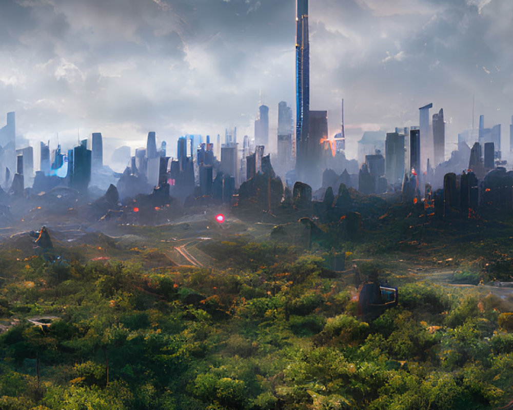 Futuristic cityscape at dusk: high-rise buildings, greenery, busy highways under cloudy sky