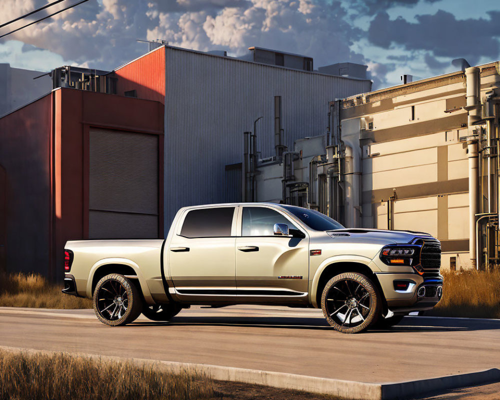 Modern Pickup Truck Parked at Industrial Site During Golden Hour