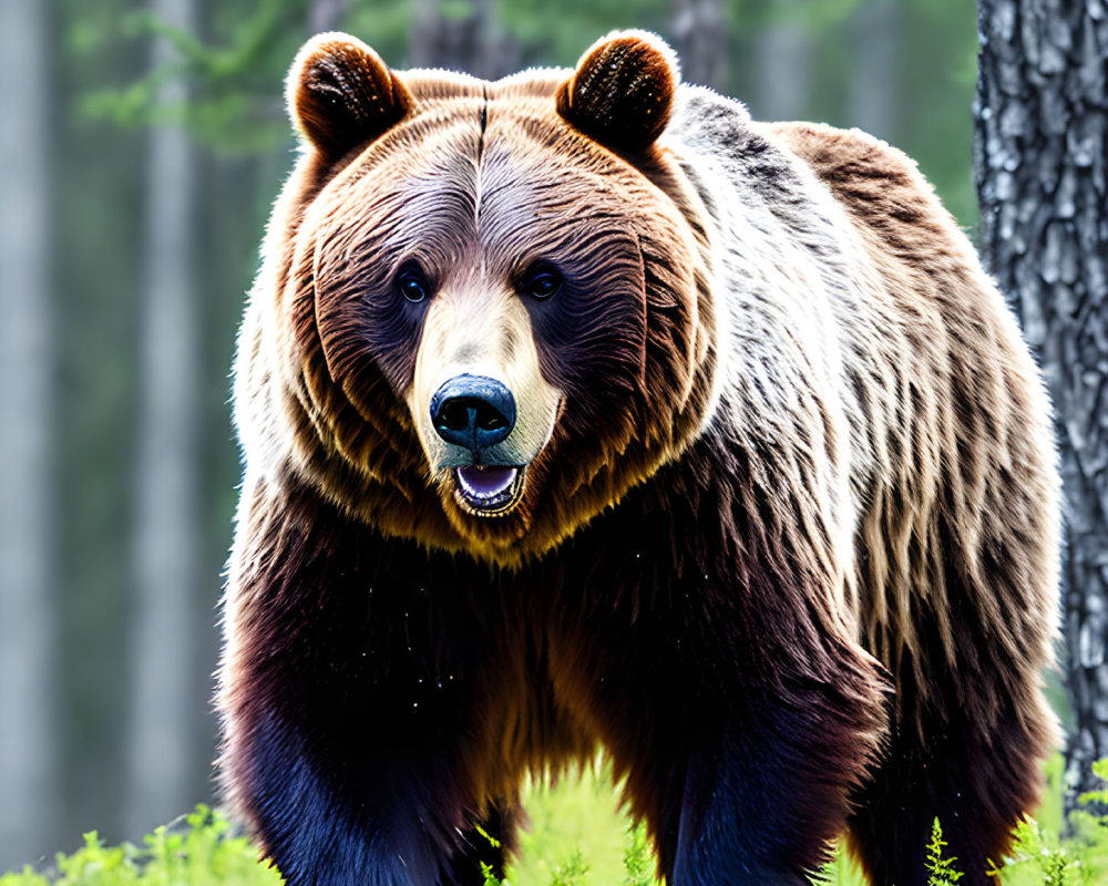 Brown Bear with Thick Fur Coat in Forest Clearing with Pine Trees