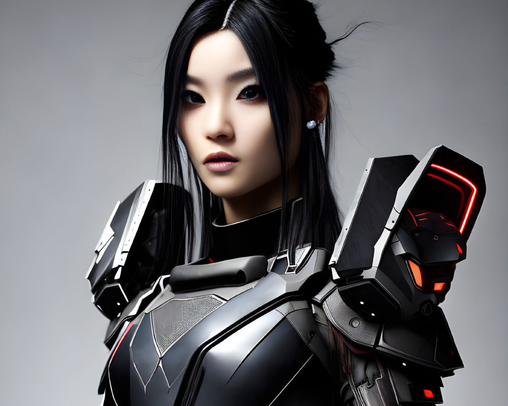 Female Cyborg in Black Futuristic Armor with Red Glowing Elements