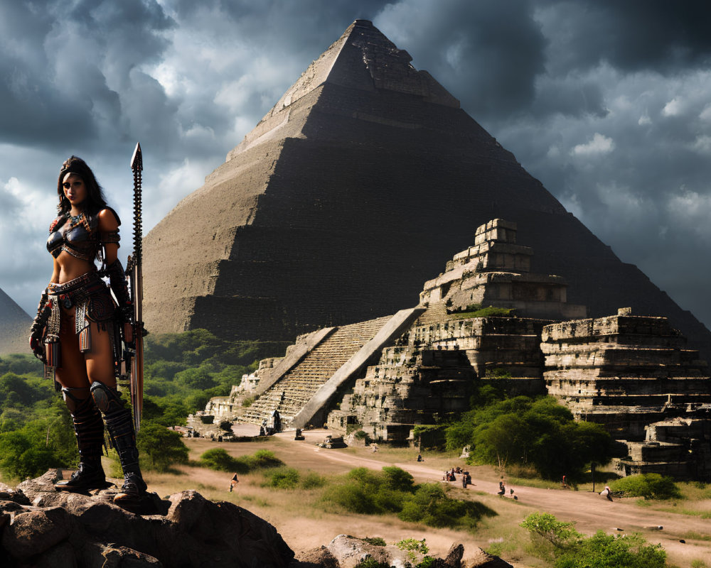 Warrior woman in tribal attire at ancient step pyramid under dramatic sky