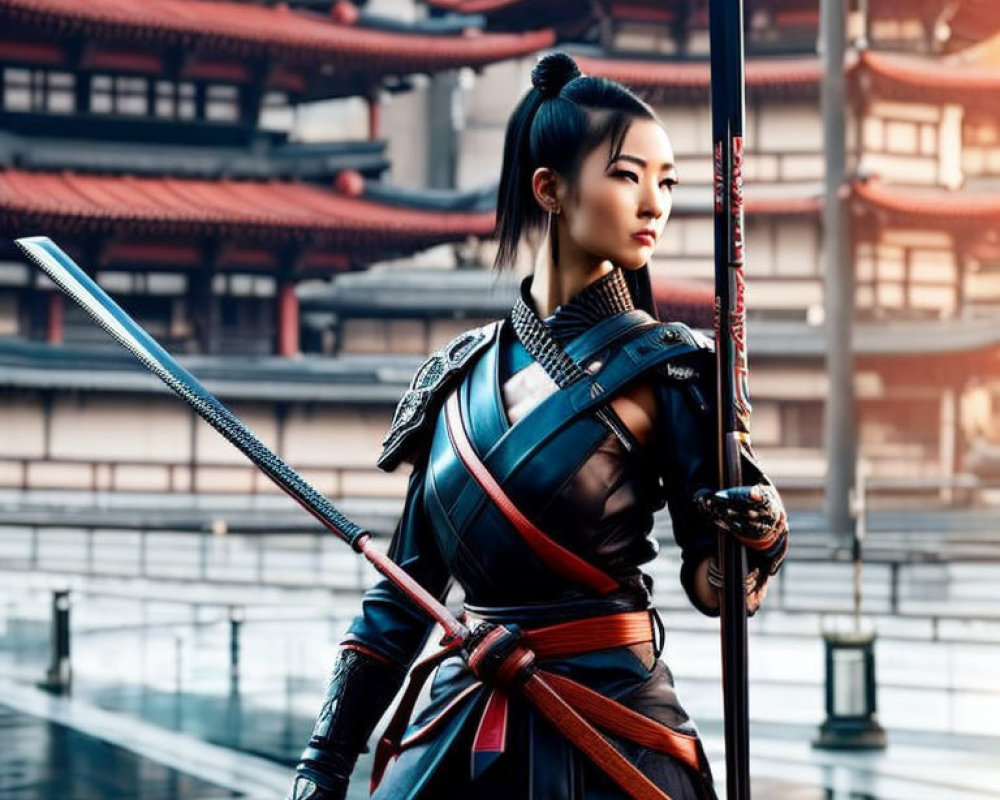 Asian woman in warrior attire with sword at temple courtyard