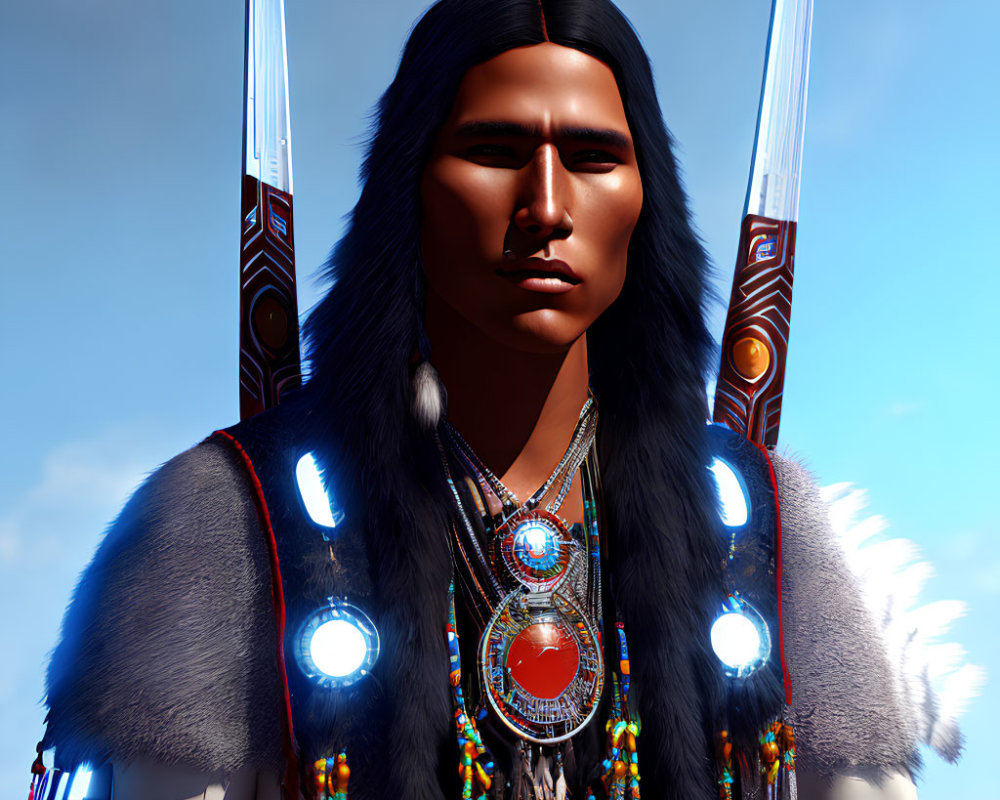 Native American man in traditional attire with eagle feathers - 3D render