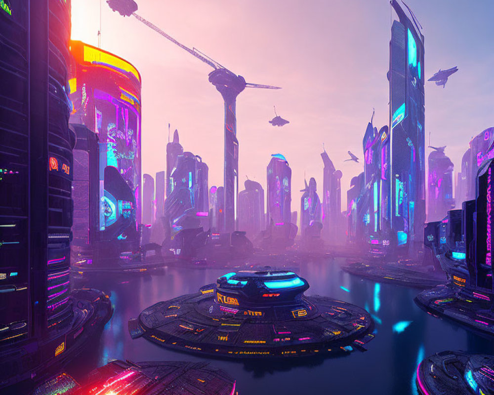 Vibrant neon-lit cityscape with skyscrapers and flying vehicles at twilight