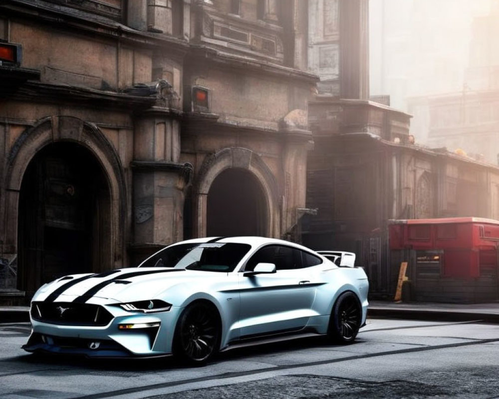 Silver Mustang with Racing Stripes Parked on Misty Street