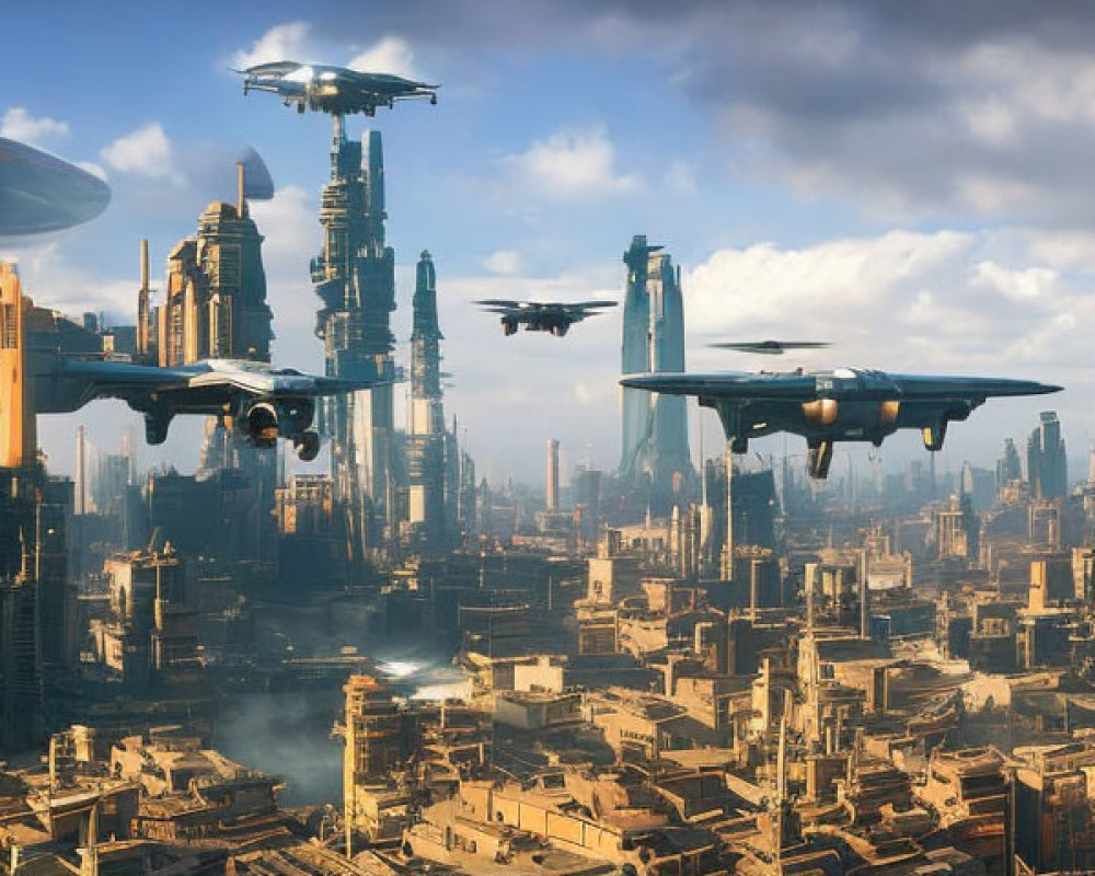 Futuristic cityscape with skyscrapers and flying vehicles