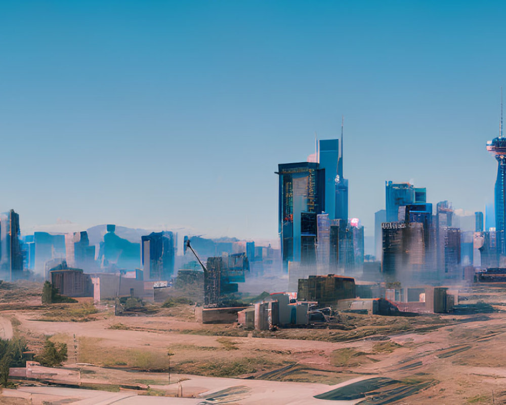 Futuristic cityscape with skyscrapers and urban development.