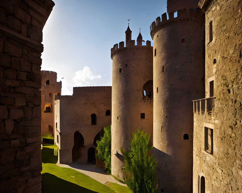 Medieval castle with cylindrical towers and arched gateways in scenic setting