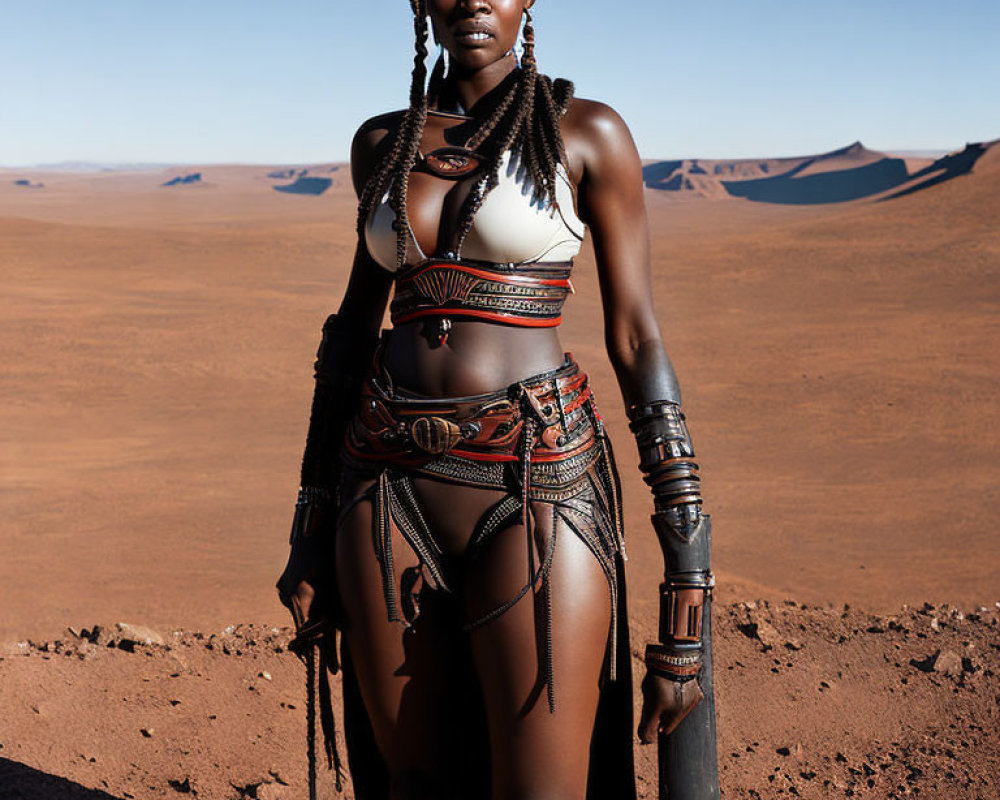 Woman in tribal attire poses in desert landscape