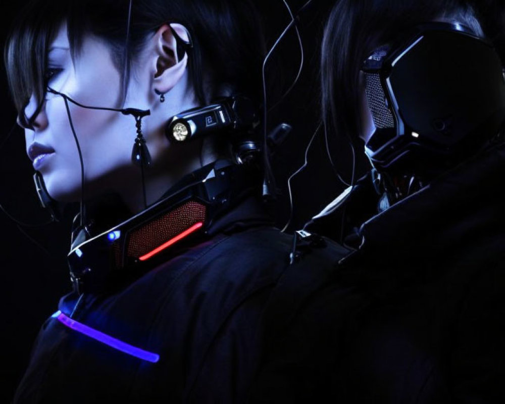 Futuristic individuals with glowing neck devices in dimly lit cyberpunk setting