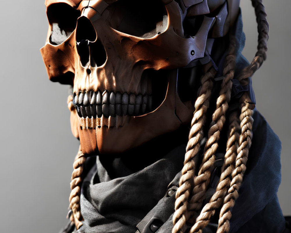 Stylized metallic skull with mechanical details and ropes on gray background