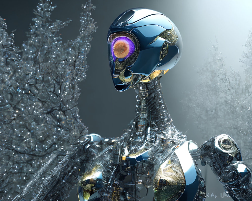 Futuristic chrome robotic figure with colorful eye-like helmet among frosty trees