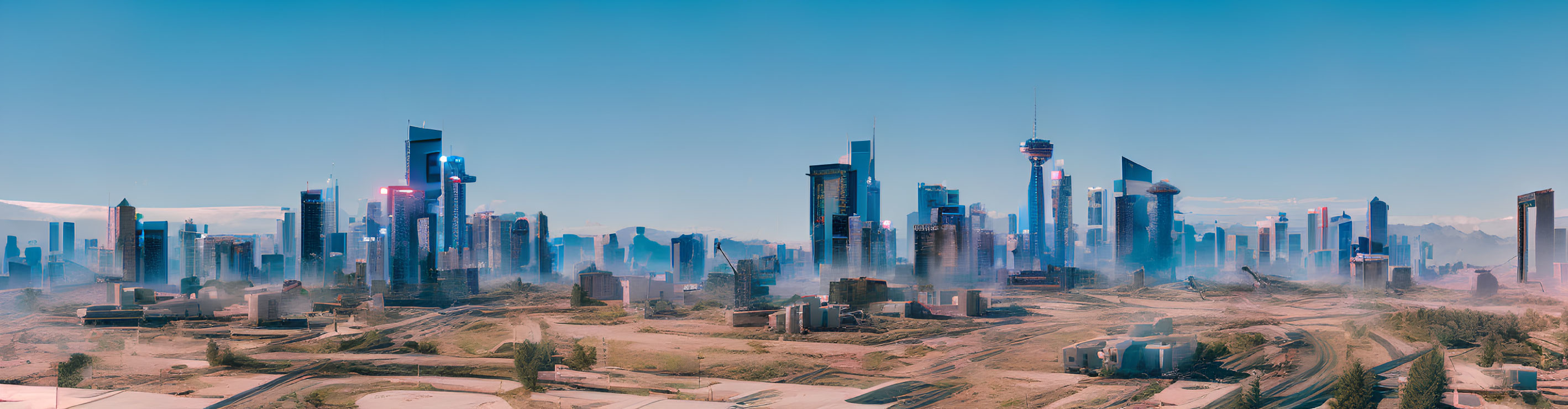 Futuristic cityscape with skyscrapers and urban development.