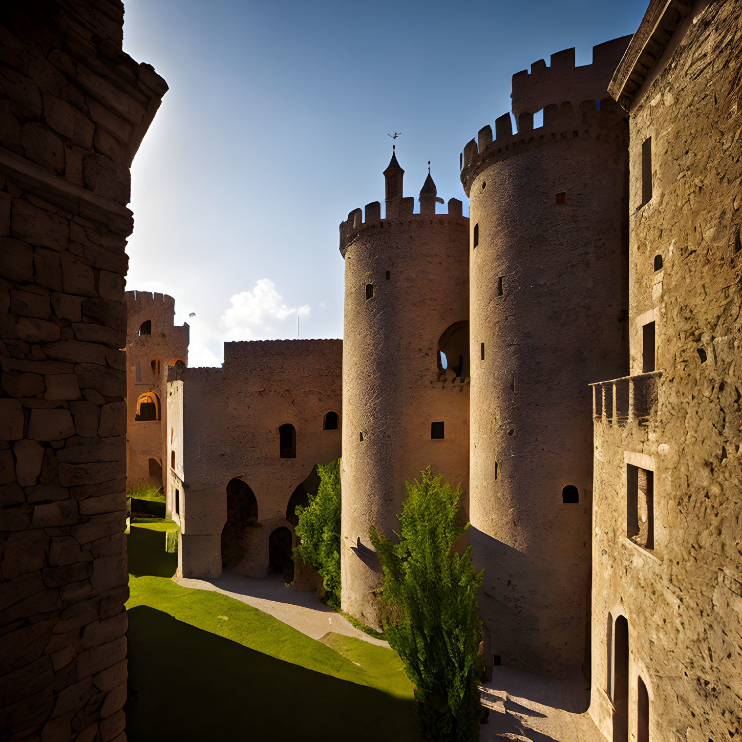 Medieval castle with cylindrical towers and arched gateways in scenic setting