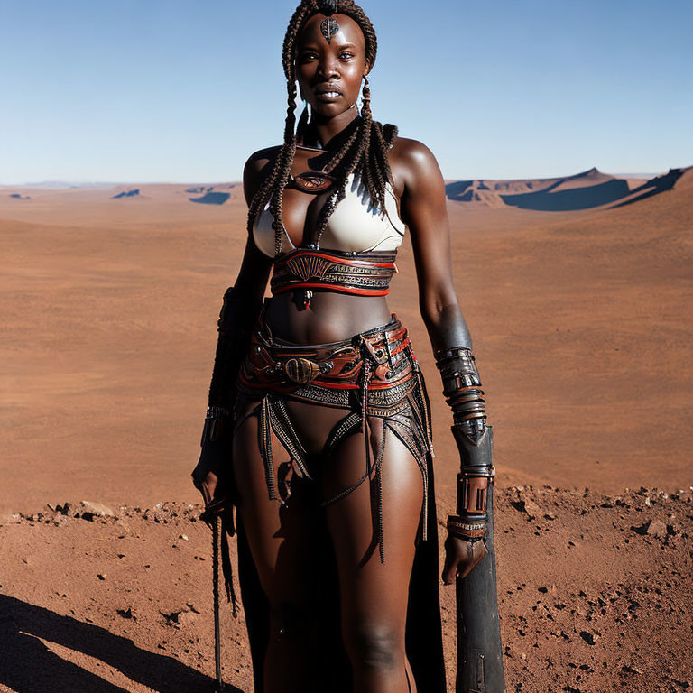 Woman in tribal attire poses in desert landscape