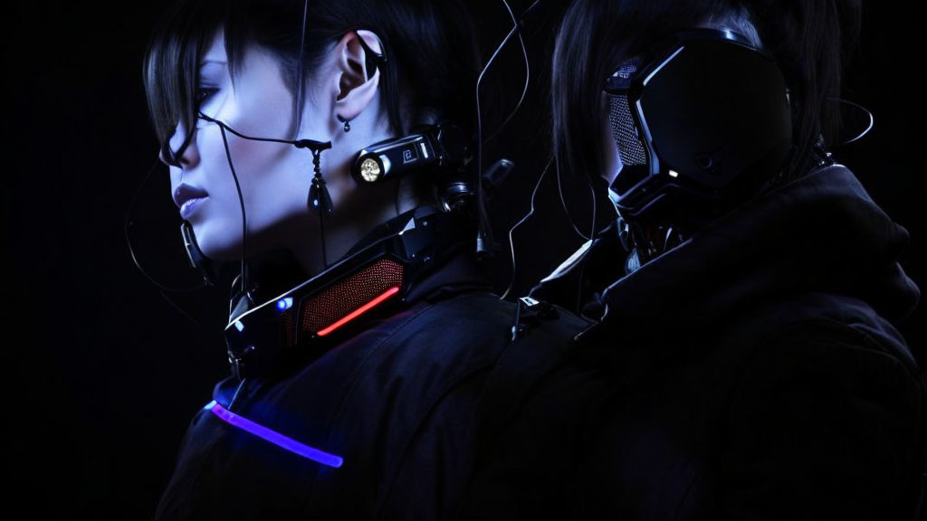 Futuristic individuals with glowing neck devices in dimly lit cyberpunk setting