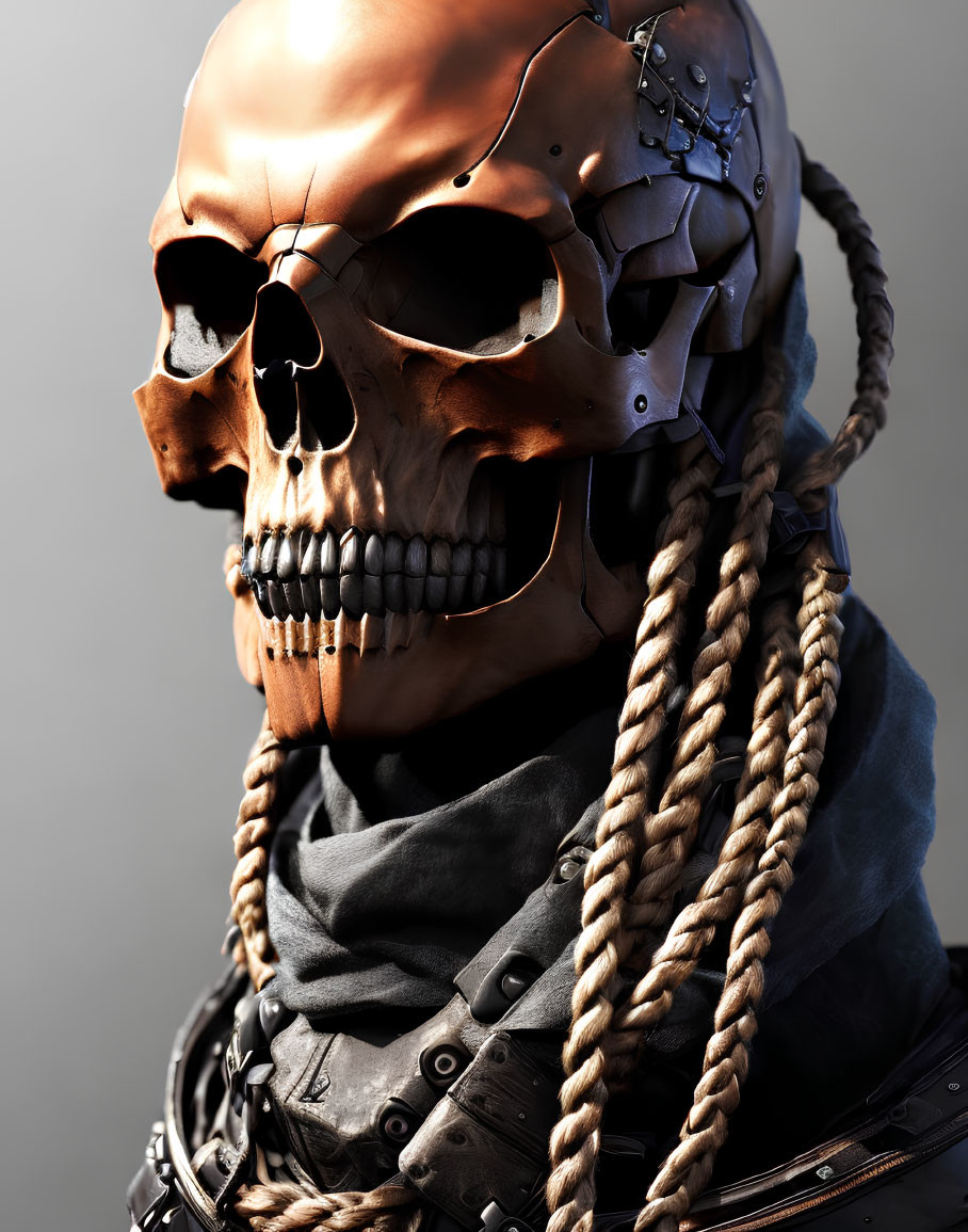 Stylized metallic skull with mechanical details and ropes on gray background