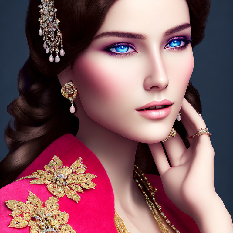 Portrait of a woman with blue eyes in pink outfit & gold jewelry