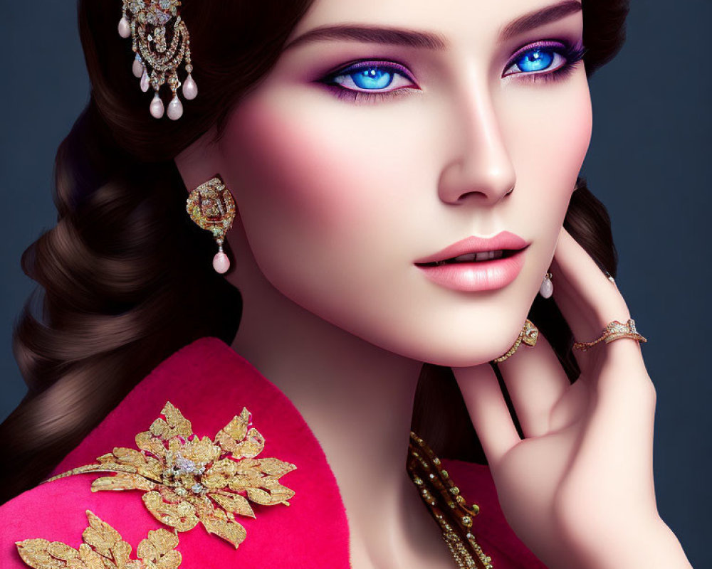 Portrait of a woman with blue eyes in pink outfit & gold jewelry