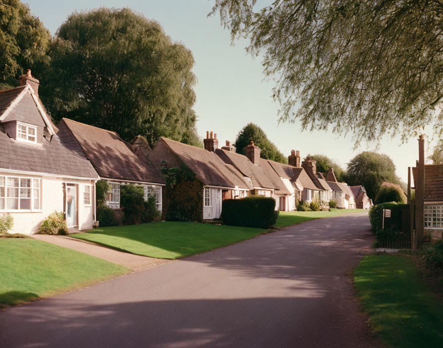 Charming cottages on tree-lined street with pitched roofs