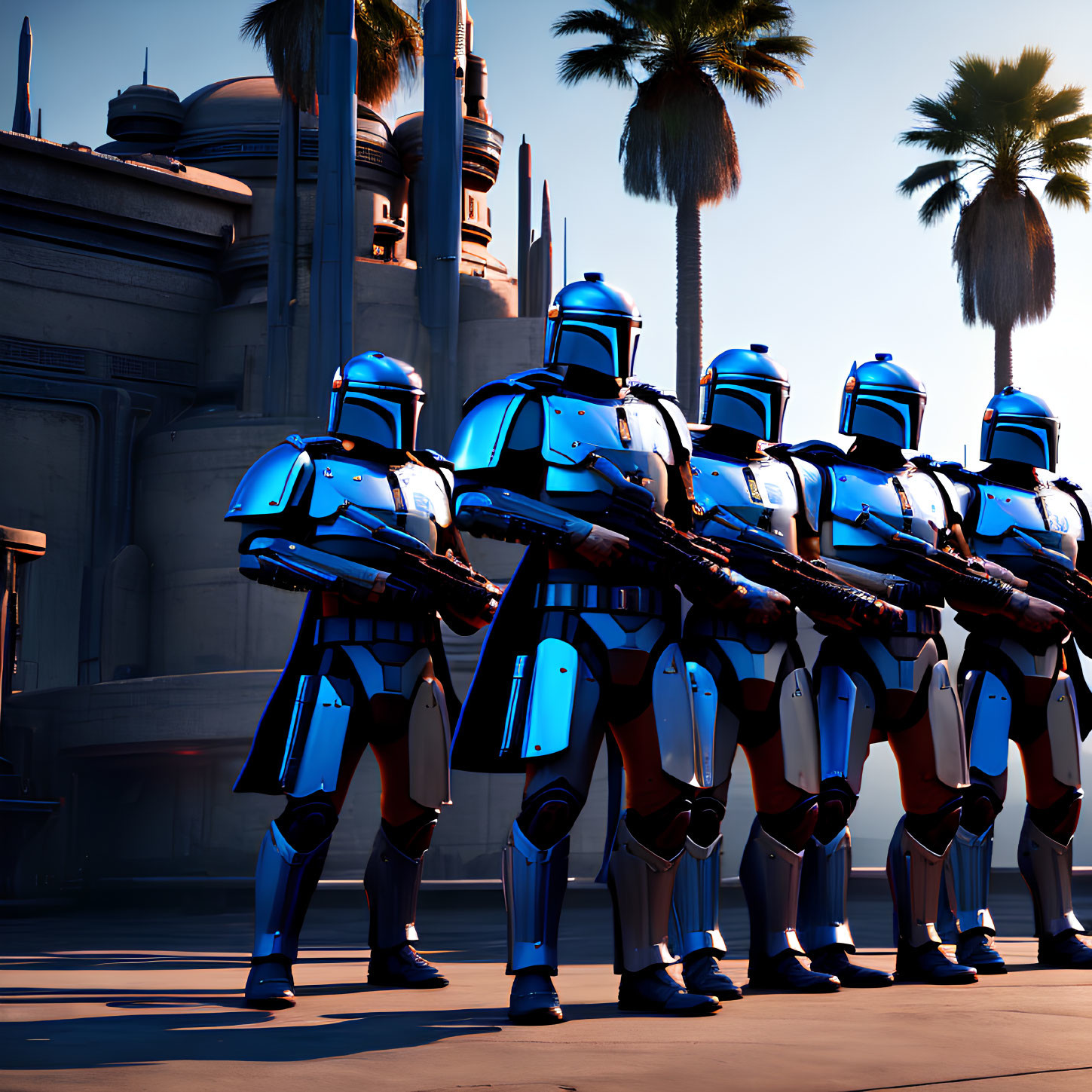 Blue and White Armored Clone Troopers in Courtyard Formation