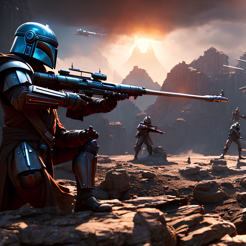 Mandalorian warrior in blue armor with companions in desert landscape