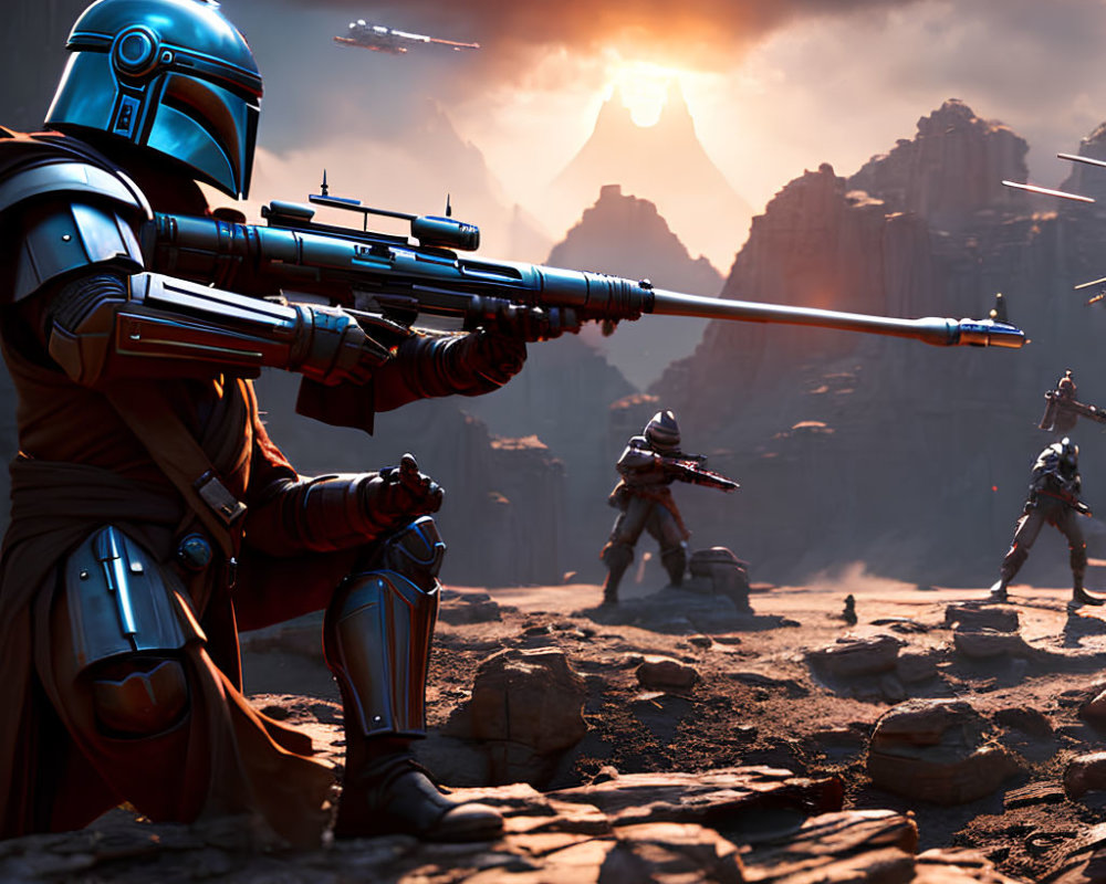 Mandalorian warrior in blue armor with companions in desert landscape