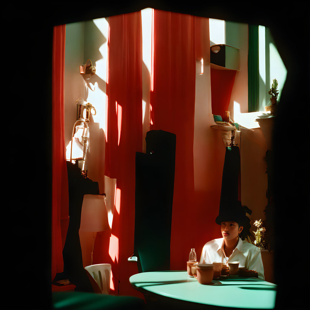 Person Sitting at Table in Dimly Lit Room with Colorful Vertical Light Streaks