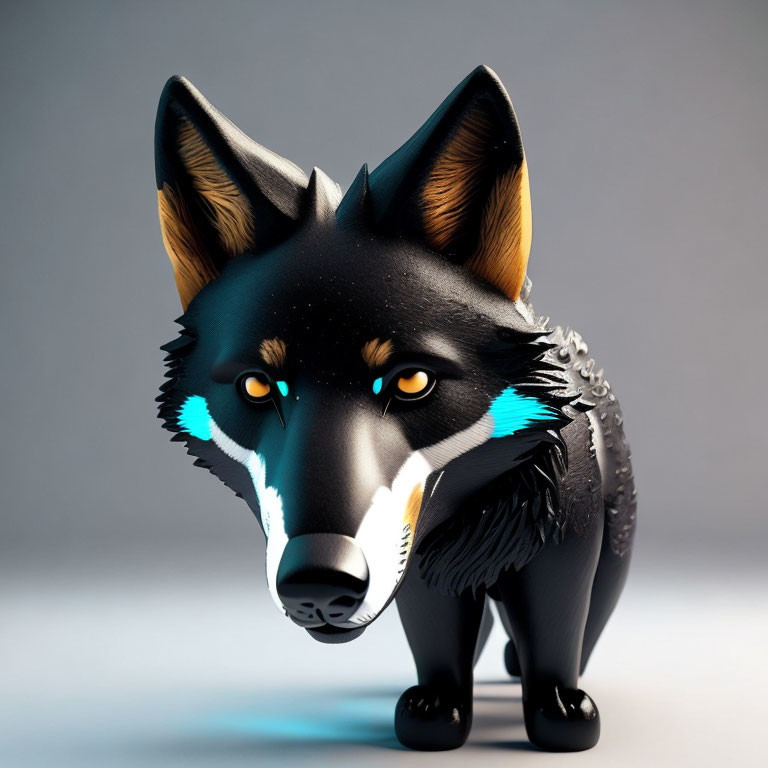 Glossy Black Wolf with Teal Accents and Amber Eyes