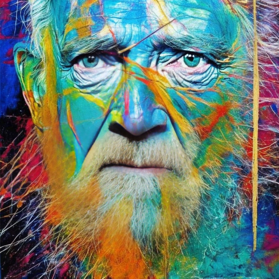 Colorful portrait of elderly man with intense eyes in blues, yellows, and reds