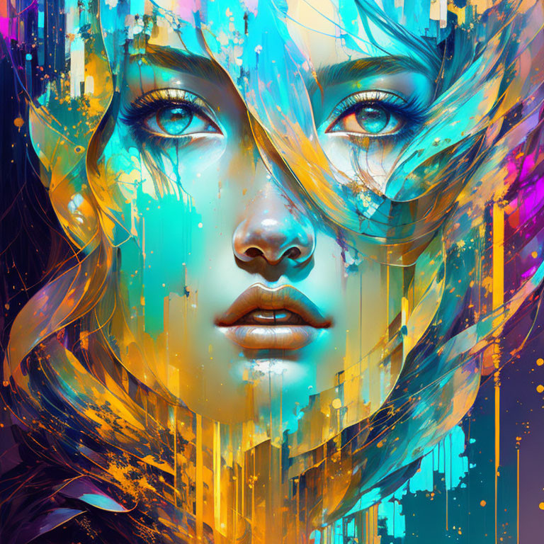 Colorful Abstract Digital Art of Woman's Face in Blue, Gold, and Pink