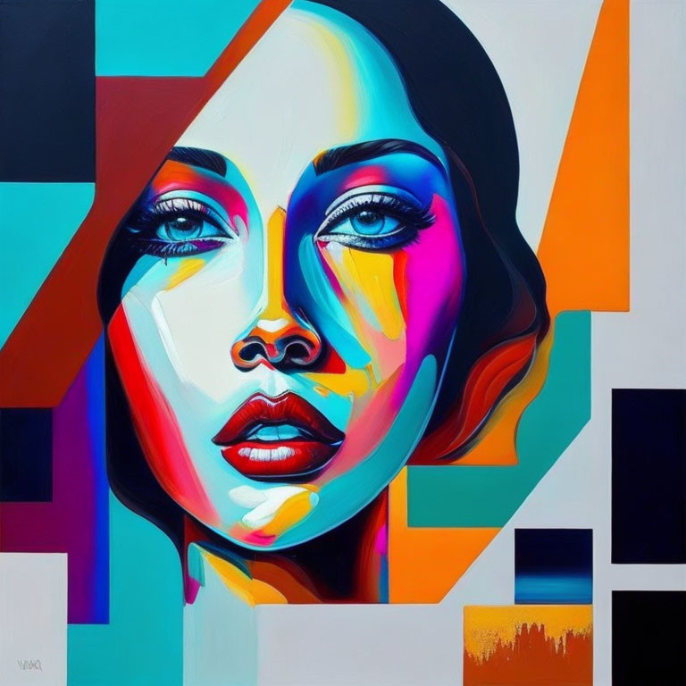 Colorful Abstract Portrait with Bold Geometric Shapes and Cubist Style of Woman's Face