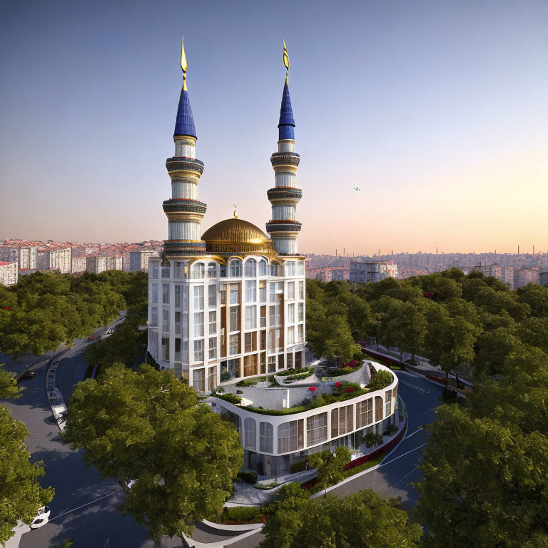 Modern Mosque with Dual Minarets and Golden Dome in Urban Setting