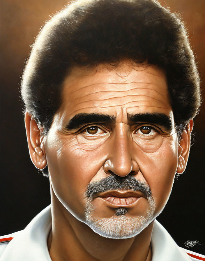 Hyper-realistic painting of man with mustache and white sideburns on brown background