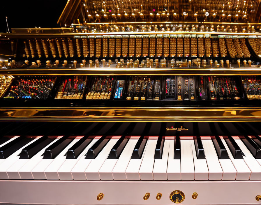 Black Grand Piano with Gold Accents on Colorful Bokeh Background