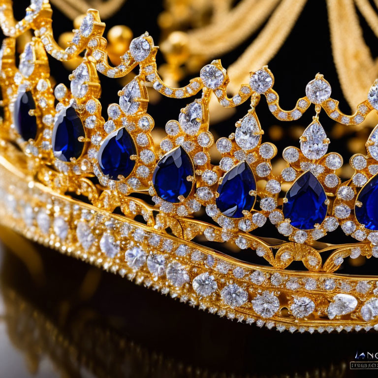 Golden Tiara with Diamonds and Blue Gemstones on Dark Background