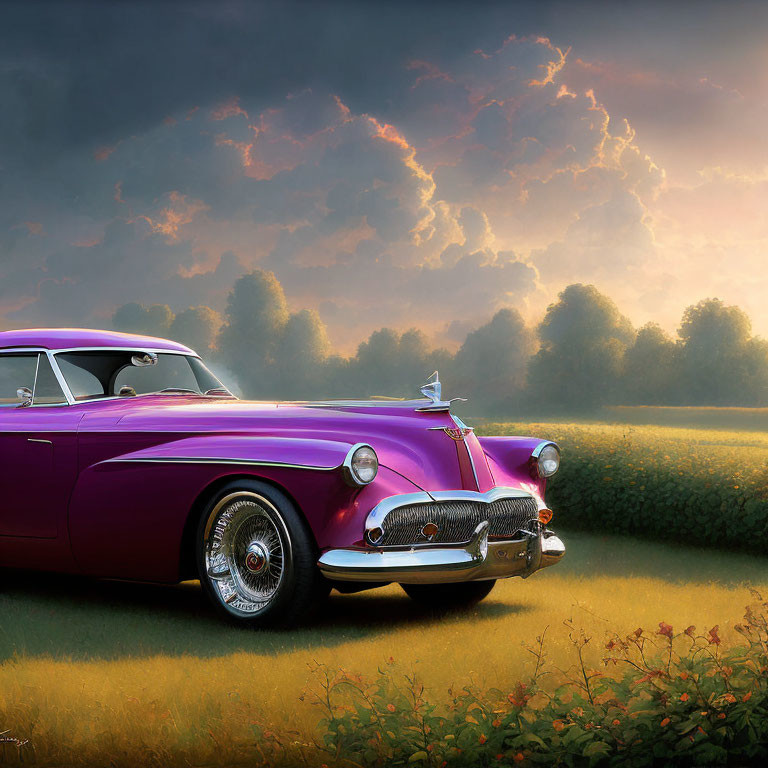 Purple classic car with chrome details in rural field at sunset