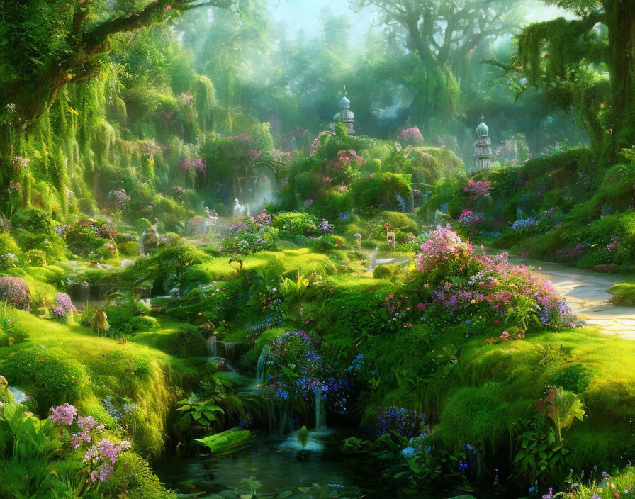 Lush Garden with Streams, Flowers, Moss, and Stone Pathways