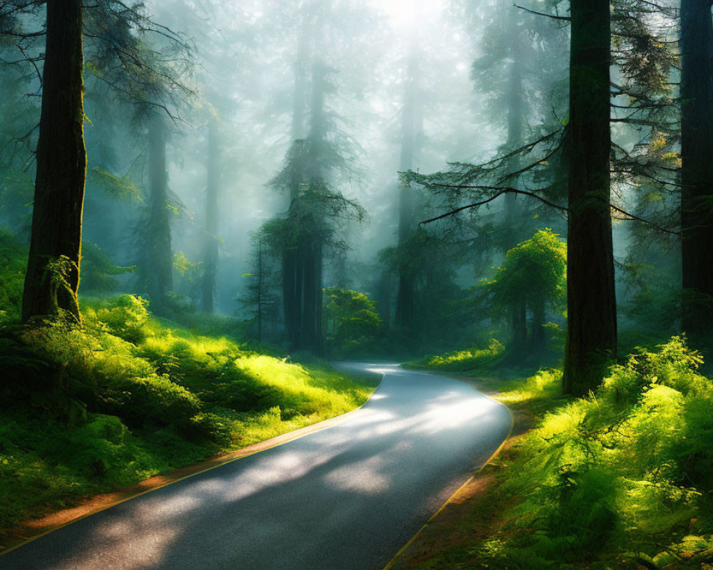 Tranquil forest road with towering trees and sunlight piercing mist.