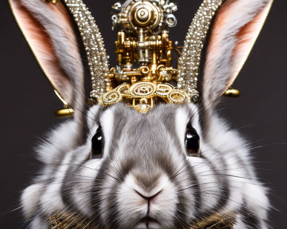 Steampunk-themed grey and white bunny portrait with golden mechanical headdress.