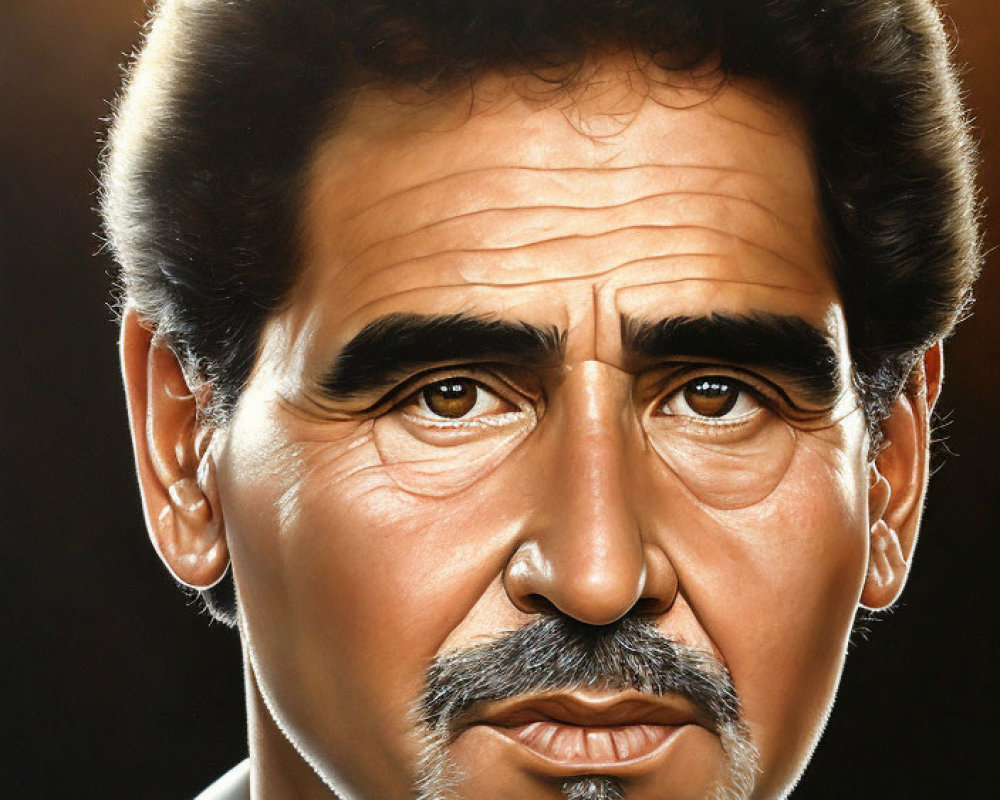 Hyper-realistic painting of man with mustache and white sideburns on brown background