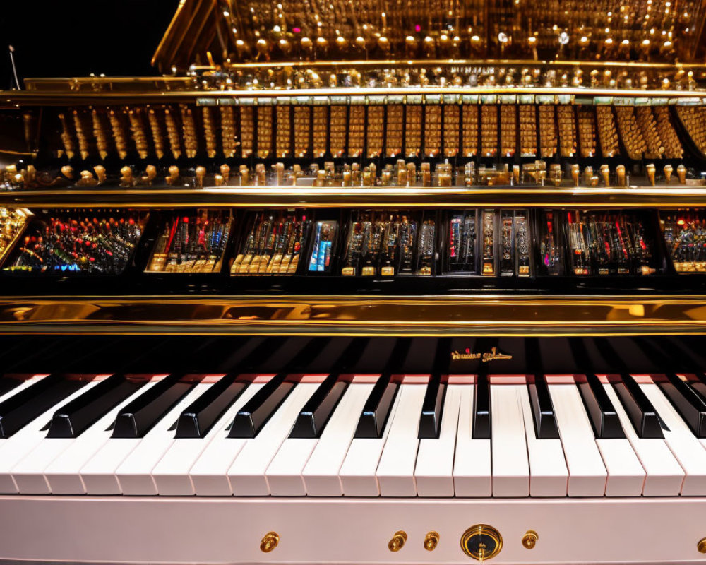 Black Grand Piano with Gold Accents on Colorful Bokeh Background