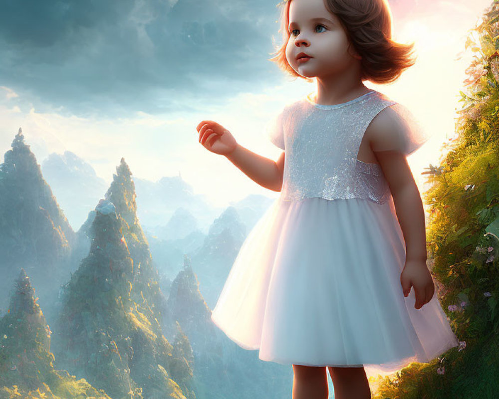 Young Girl in White Dress with Floral Headband in Fantasy Landscape at Sunset