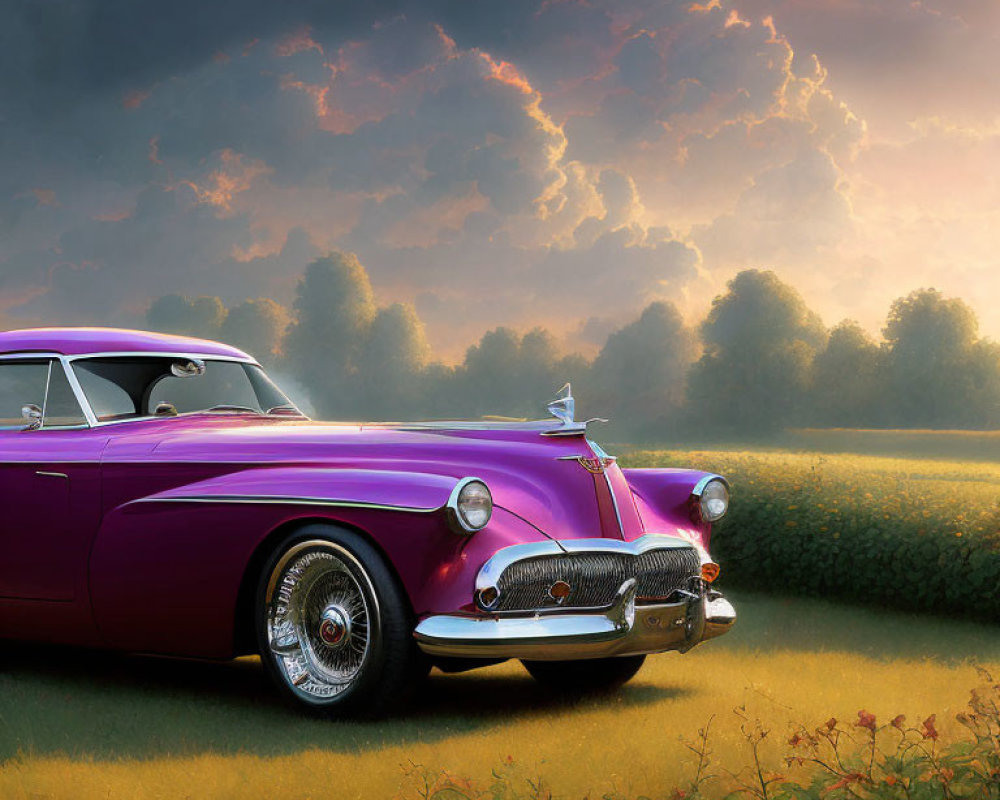 Purple classic car with chrome details in rural field at sunset