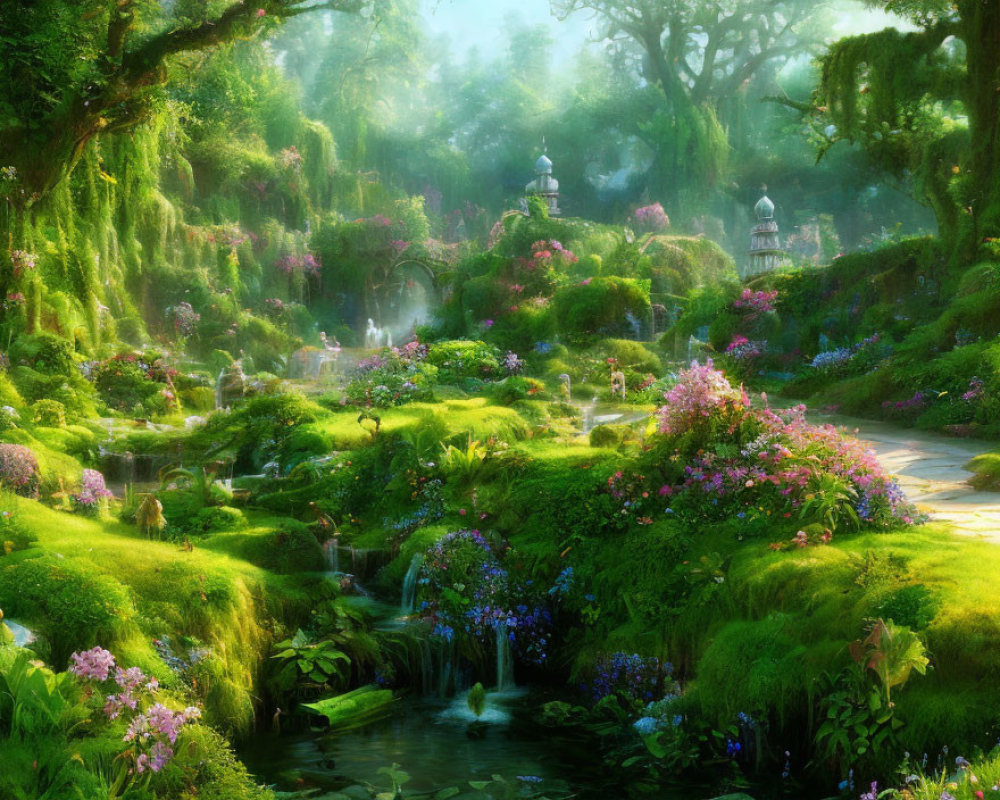 Lush Garden with Streams, Flowers, Moss, and Stone Pathways