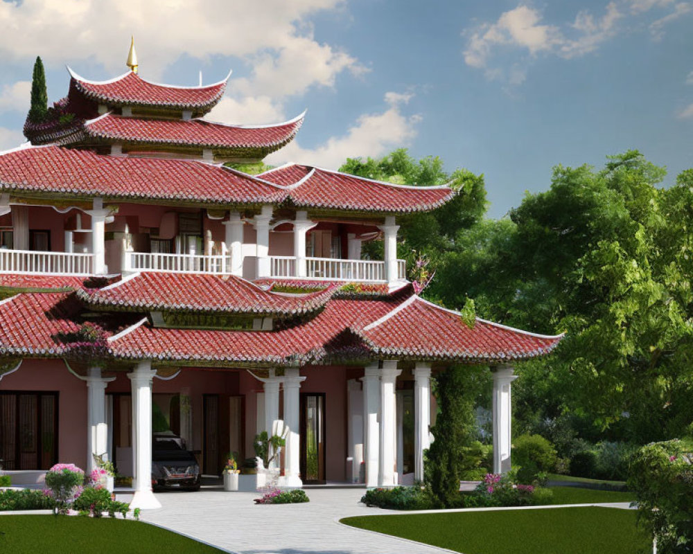 Traditional Asian-style building with red tile roof in landscaped garden