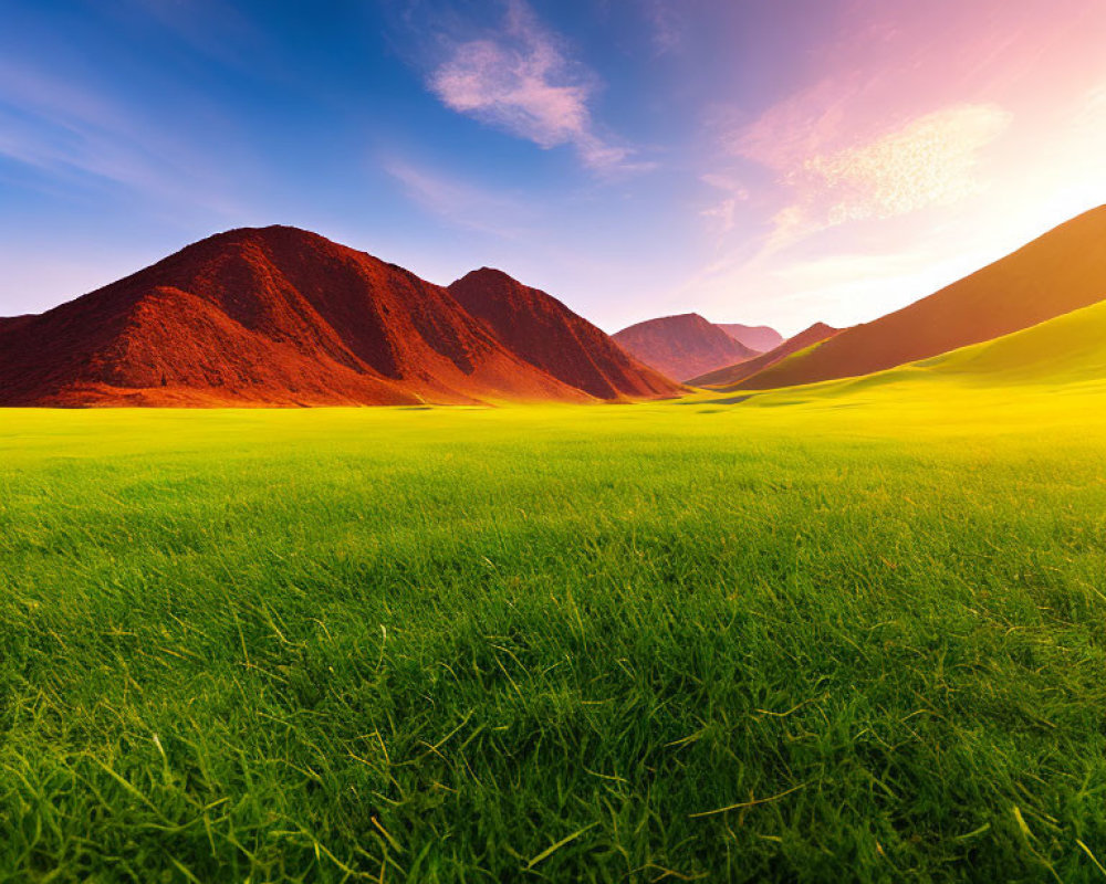 Lush Green Grass Field, Red Mountains, Sunset Sky Palette