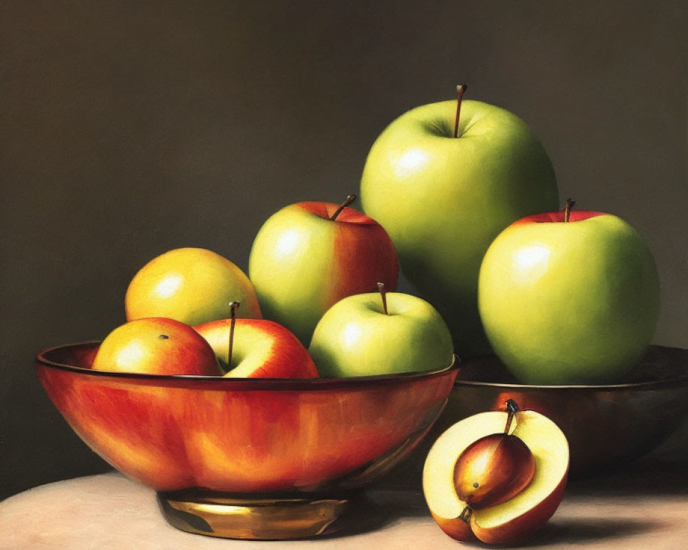 Classic Still Life Painting: Bowl of Red and Green Apples on Table